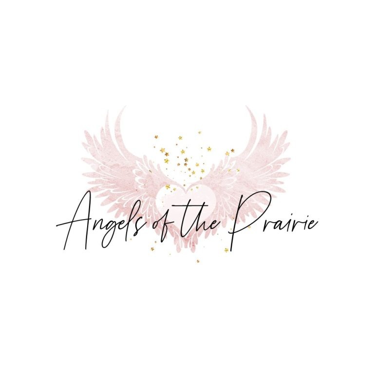 The "Angels of the Prairie" logo features light pink feathered angel wings and gold stars. At the center of the wings is a heart. In front of the wings is the words "Angels of the Prairie" in cursive font.